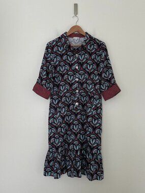 Patty Kim Geometric Roll Tab Cotton Popover Midi Dress Size Medium